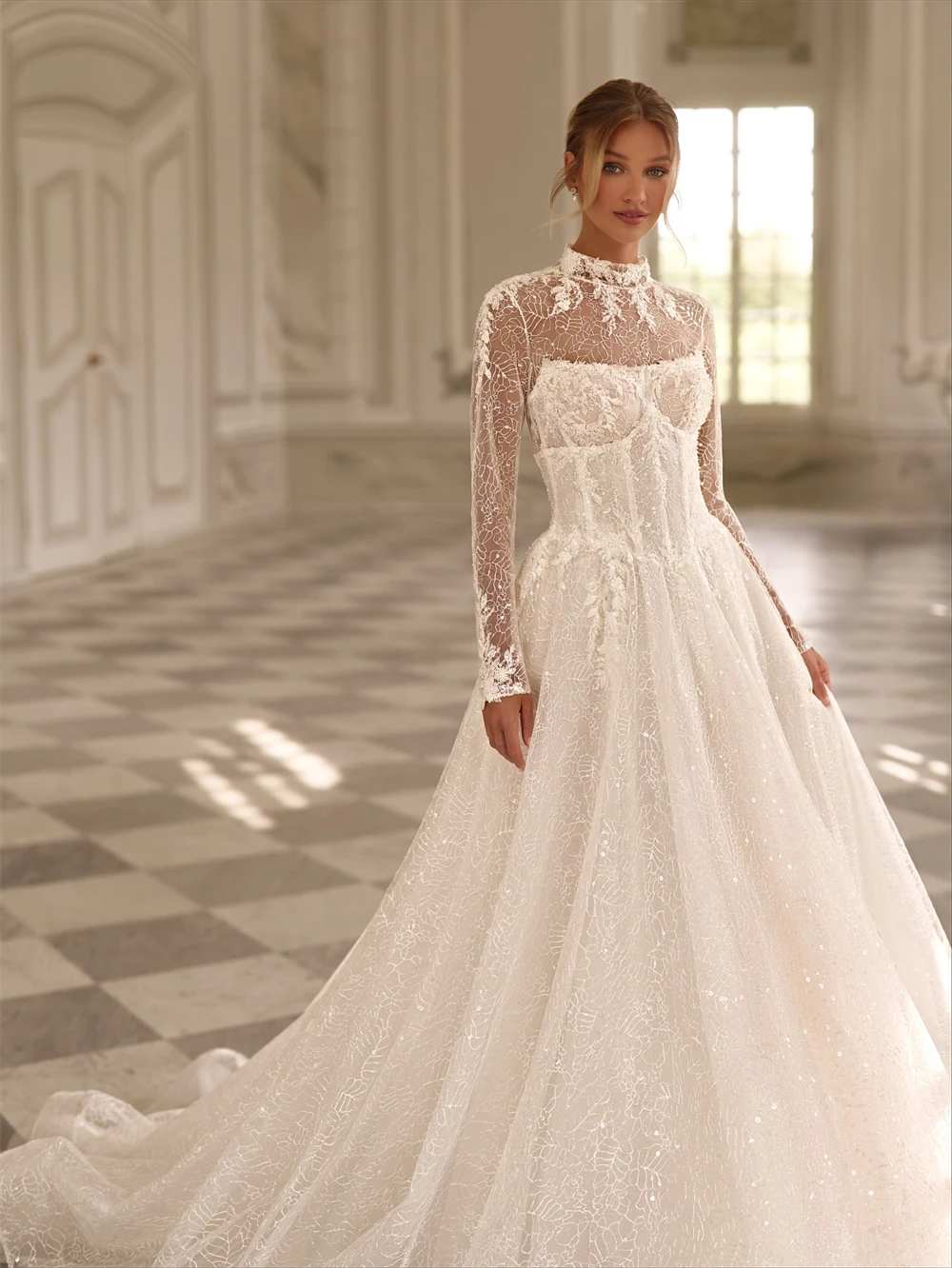 

Customized Sexy White Organza Wedding Dress Formal O-Neck Long Sleeves Bridal Gowns Dreamy A-Line Court Train Vestido De Novia