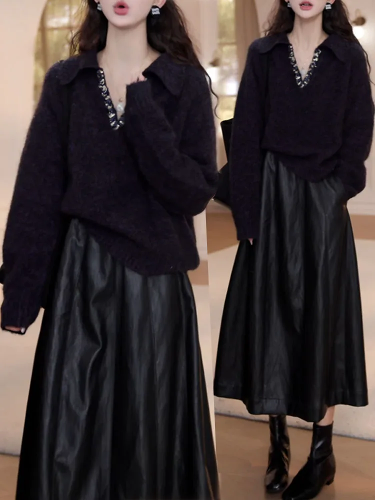 

Faionable Knitted V-Ne Long Sve Cardigan And f Skirt Set Elastic Waist Casual Sle Mid-Thi Warm Autumn New Arrival