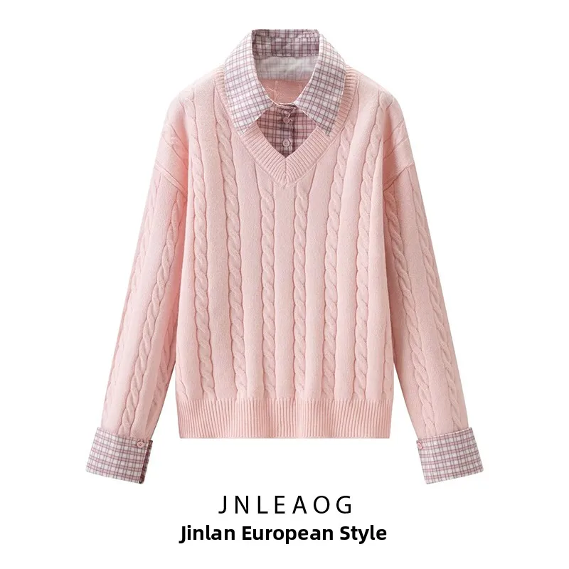 

Faionable Street Sle Sweater Jaet Women's Autumn New Arrival Collared Fake Two-Piece Design Polyester Long Sve Top