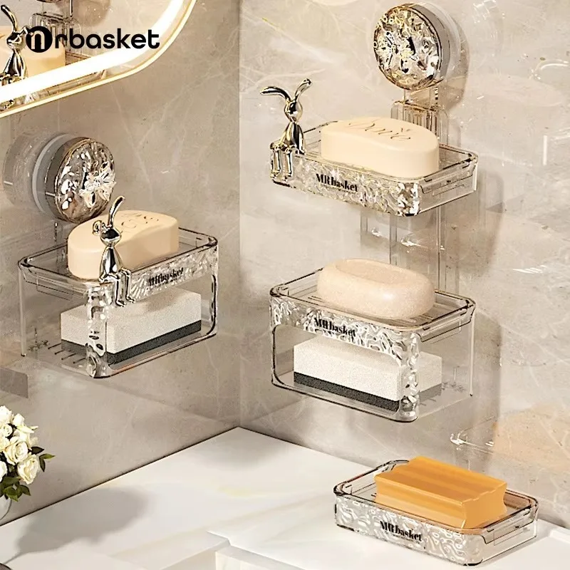 Sucker Soap Box Wall-mounted Perforation-free Household High-end Bathroom Wall Drain Storage Rack Double-layer Soap Box