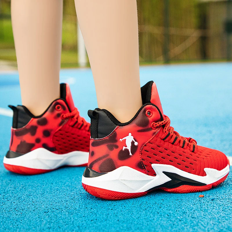 Hot Sale Red High Top Kids Basketball Sneakers Mesh Breathable Boy\'s Sports Shoes Non-Slip Wear Resistance Basketball Shoes Girl