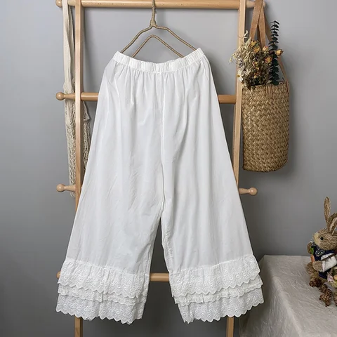 Japanese Style Women's Clothing Sweet and Fresh Wide-Leg Pants with Multi-Layered Embroidered Lace Casual Versatile Leggings Loose Cropped Pants
