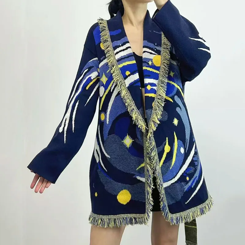 Cardigan feminino com franjas jacquard e gola frontal, jaqueta suéter casual elegante, jaqueta de alta qualidade, inverno, recém-chegado,