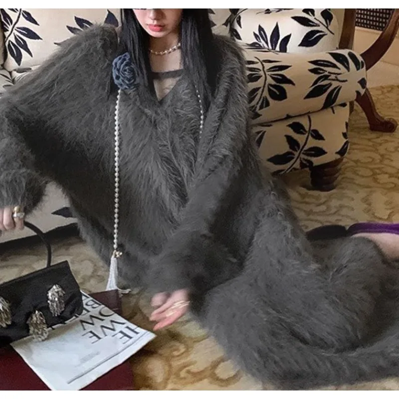 

2025 Autumn and Winter New V-neck Loose Sweater Top + Fishtail Skirt Long Skirt Set Two-piece Set