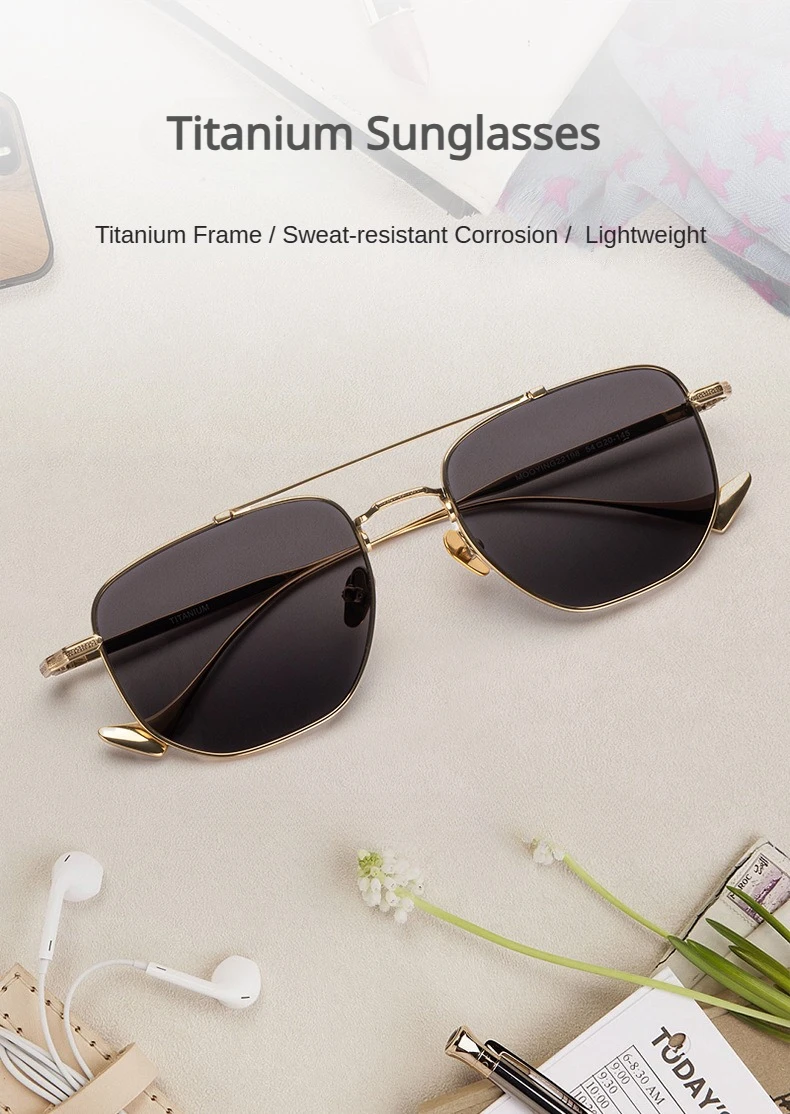 

New Hot Selling Sunglasses Retro Double Bridge Frame Titanium Sunglasses Trendy Square UV400 Lenses Casual Polarized Shades