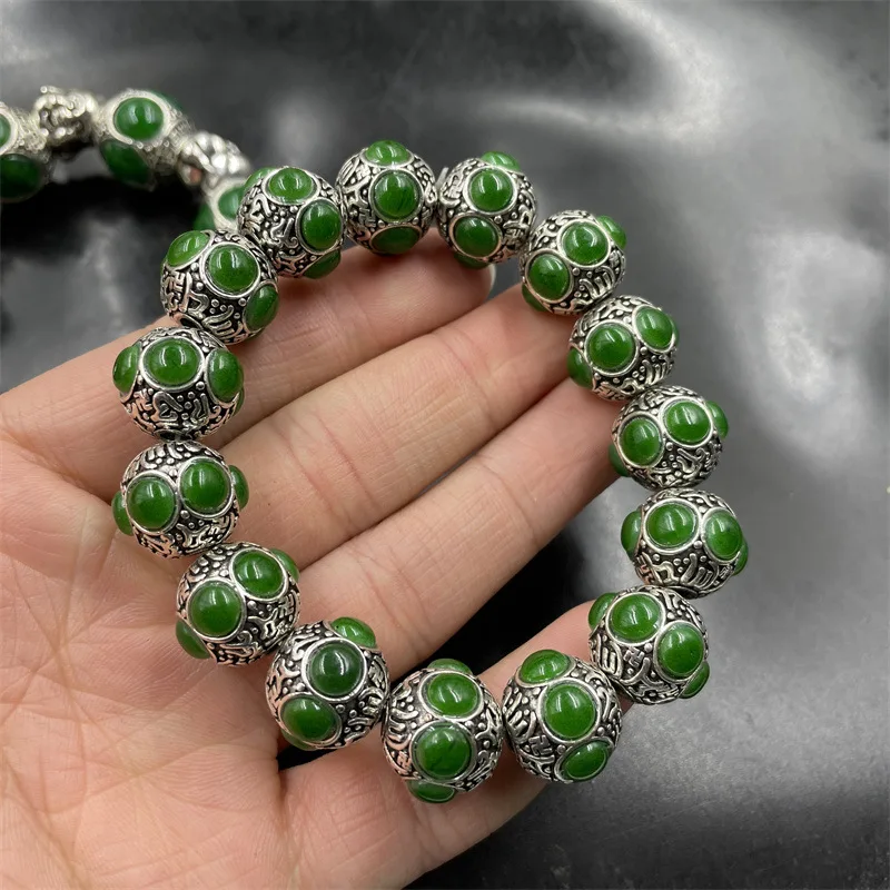 Cheap Retro Tibetan Silver Green Inlaid Imitation Jade Bracelet Special Offer