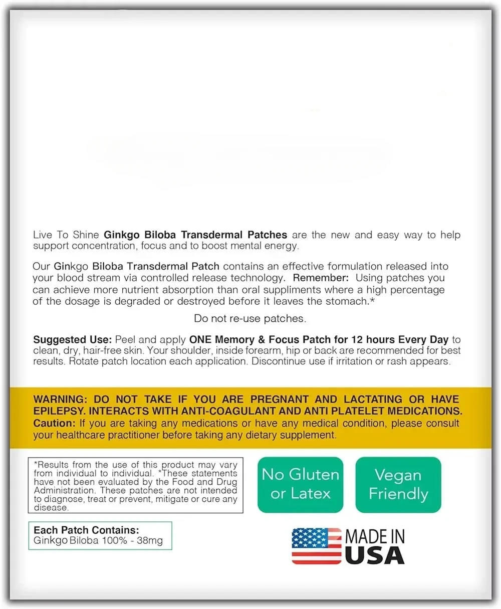Ginkgo Biloba Patch Gingko Transdermal Patches - 30 Patches One Month Supply