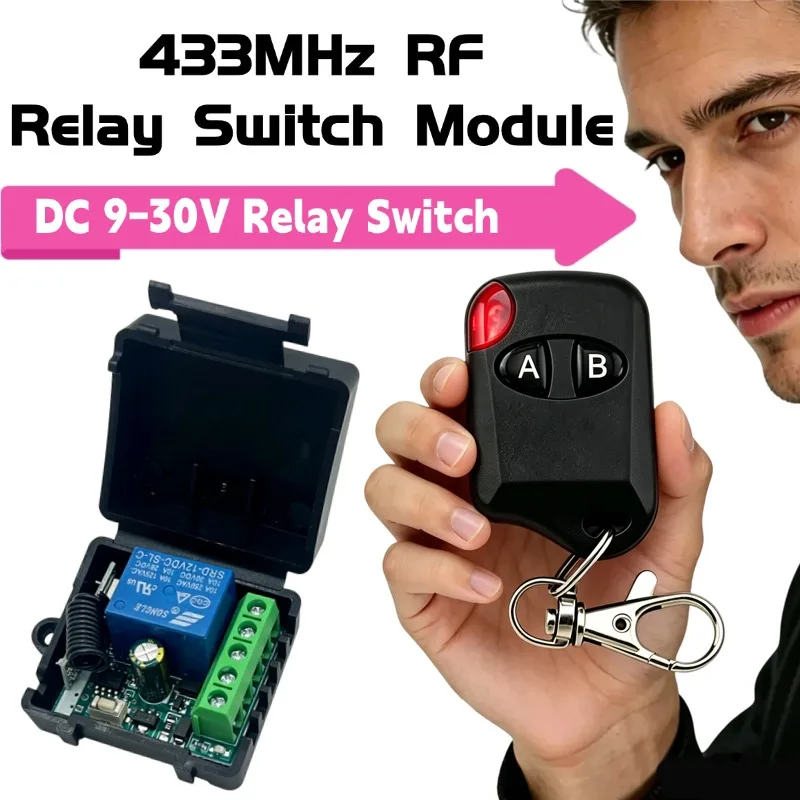 DC12V 433MHz RF Wireless Relay Switch Module 1CH Remote Control Receiver With 2‑key Keyfob Transmitter For Garage Door Light