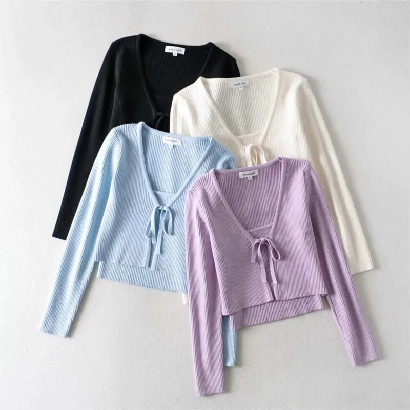 1 Set Spring Korea Style Vintage Ribbed Knitted Cardigan Tank Top V neck Bandage Tie Bow Sweater Jumper Knitwear 4 Colors