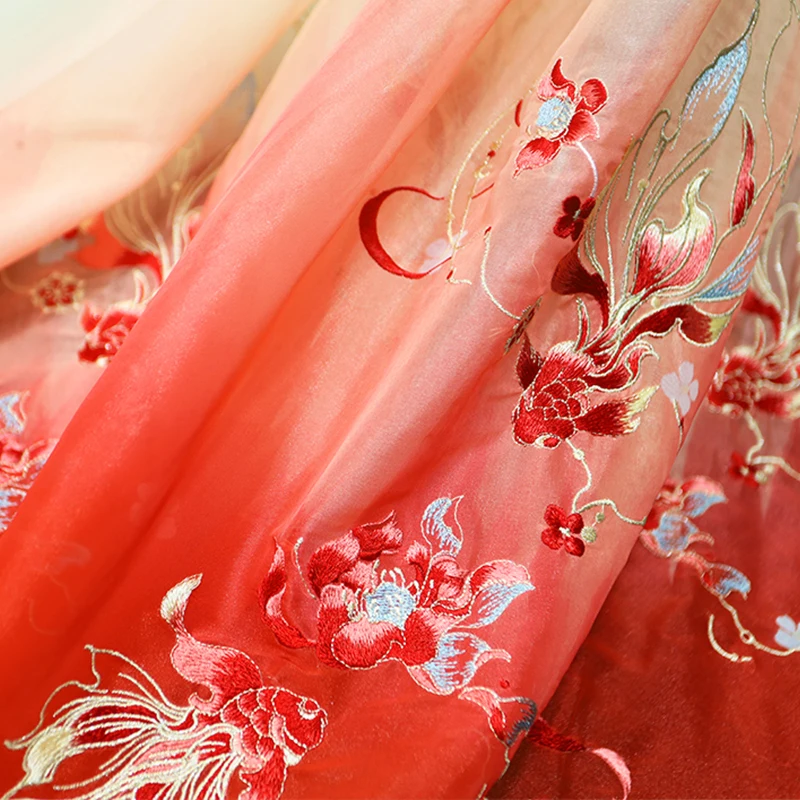 1m Chinese Classical Style Embroidered Hanfu Fabric Chiffon Thin Tulle Fabric for DIY Ancient Costumes Skirt Wedding Dress Cloth