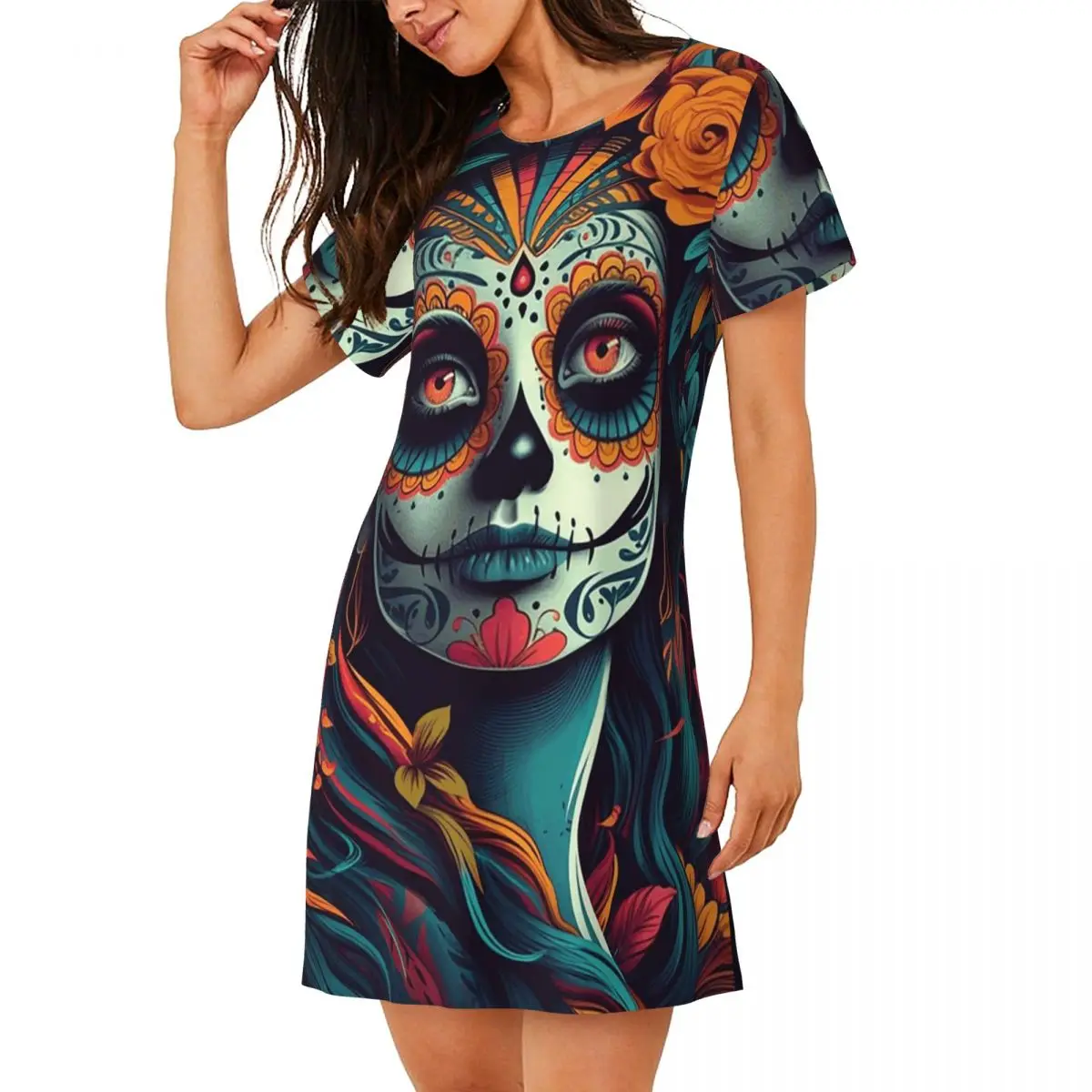 Mexican Catrina Girl Day Of The Dead Short Sleeves Nightdress For Sleeping Women Short Sleeve Nightgowns Pajama Dress