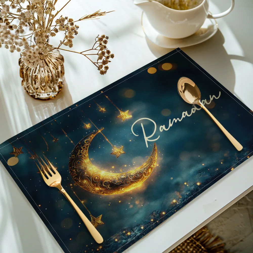 1PC Suige Home Ramadan Moon Lamp Placemats, Linen Rectangular Table Mats, Machine Washable, Festive Eid