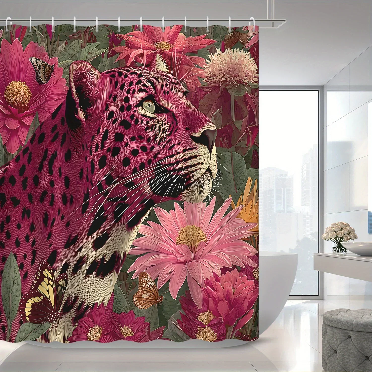 1pc Tropical Jungle Plant Animal Pink Leopard Pink Floral Plant Shower Curtain Partition Curtain, Decorative Print ShowVVV