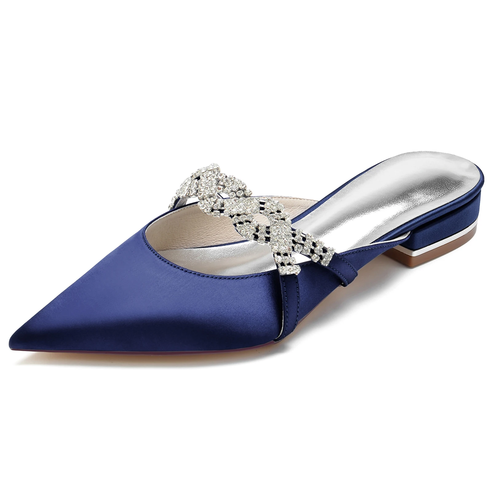 

Elegant Lady Satin Dress Flats Pointed Toe Flat Mules with Crystal Chain Sparkling Bridal Wedding Party Cocktail Mother Shoes