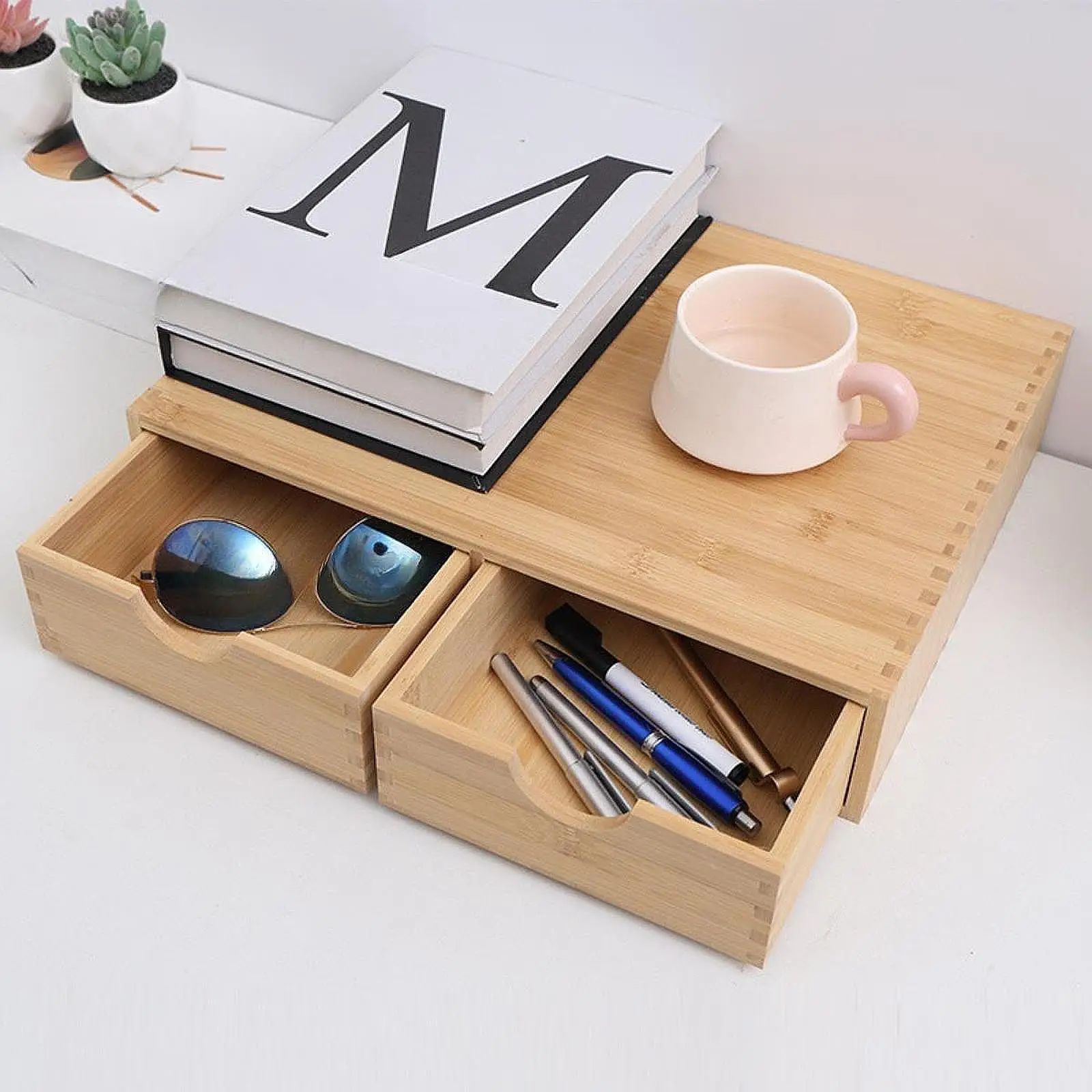 Capsule Storage Organizer Cup Holder with 2 Drawers Home Decor Bamboo Drawer for