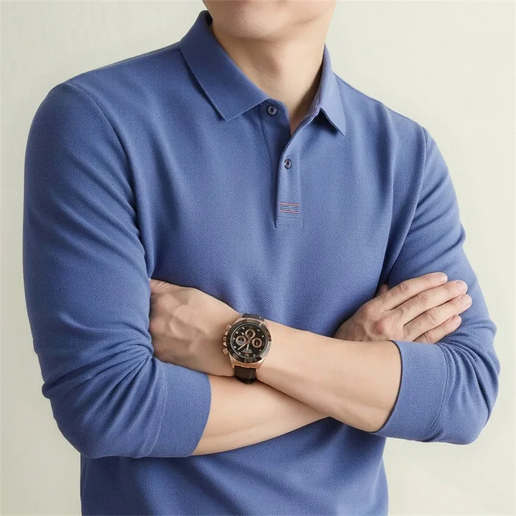 100% Mercerisierte Baumwolle Einfarbiges Business-Casual-Oberteil Herren Old Money Style Langarm-Poloshirt – Detail 29