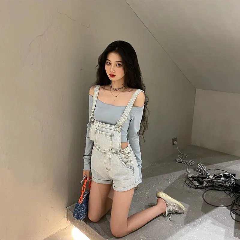 Denim Braces Shorts Multiple Pockets Korean Version Of Loose Women 2024 Summer New Slimming Design Feeling Wide Leg Shorts Tide