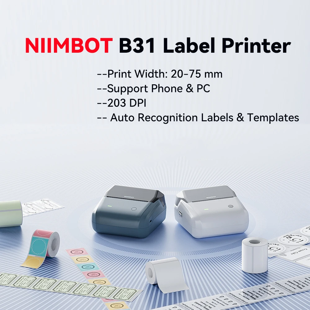 Niimbot B31 Wireless Label Maker Thermal 20-75mm Width Barcode QR Code Sticker Machine Tag Price Photo Printer Support Phone/PC