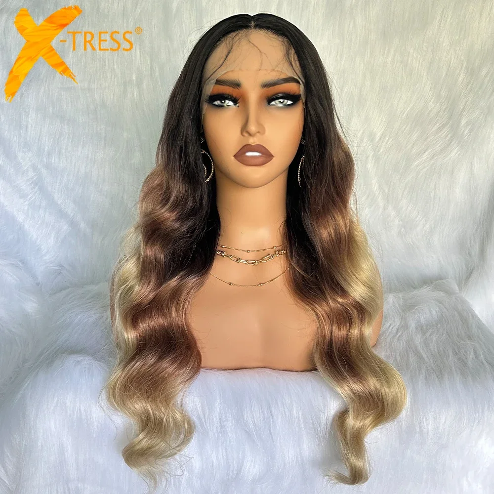 

Business Ombre Brown Synthetic Lace Front Wigs for Black Women 26 Inches Body Wave Soft Hair with Baby Hair Transparent Lace