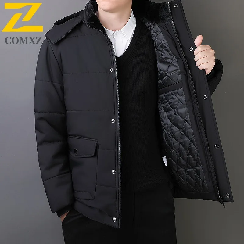 COMXZ 2025 Men New Fleece Lined Thickened Mid Length Coat Youth Winter Thermal Waterproof Windproof outdoor sports Padded Jacket