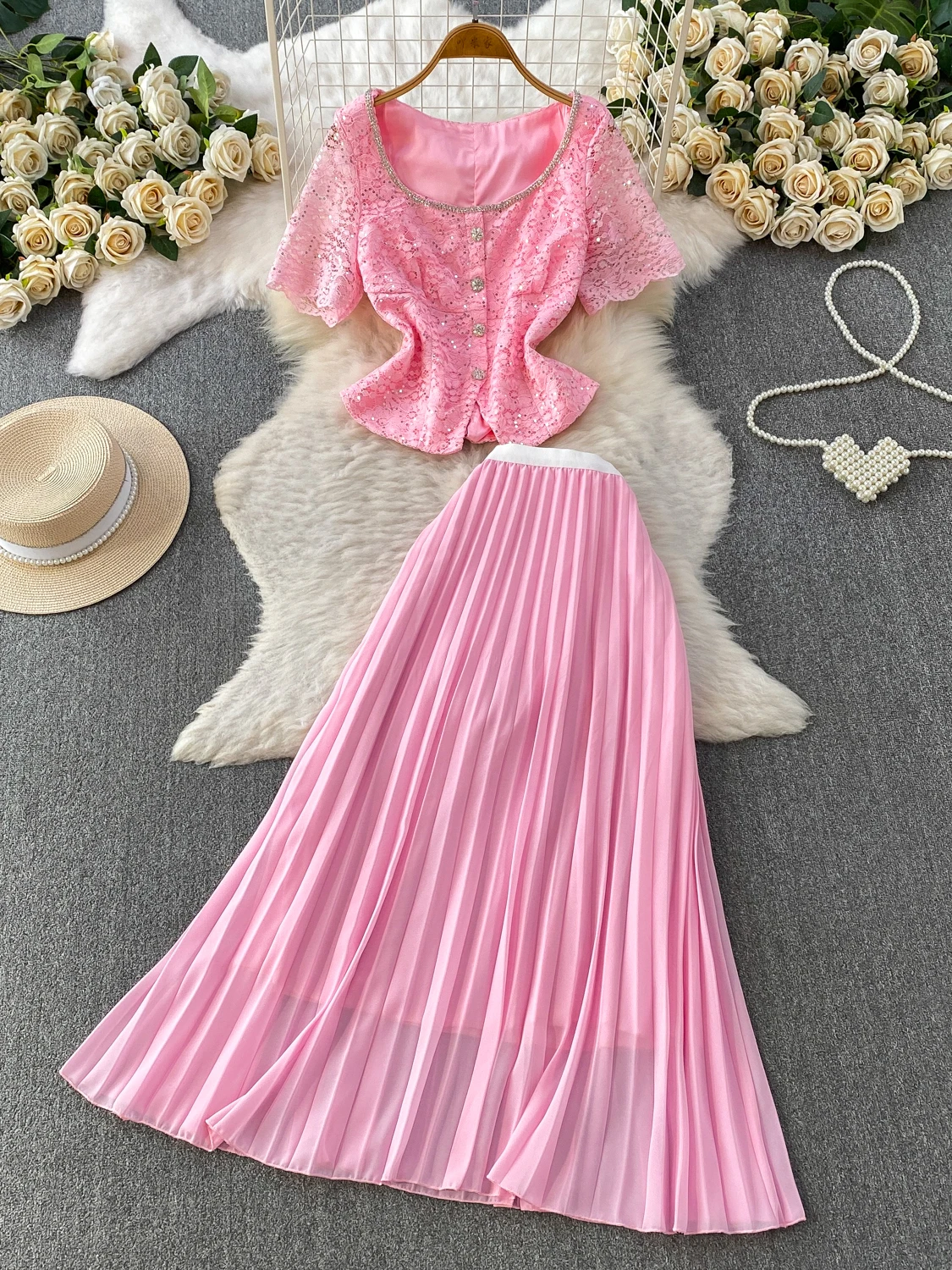 

Elegant Lace round Neck Top And Midi Skirt Two-Piece Set for Women Luxury Fashion Heavy Embroidery Short Sleeve Business Casual