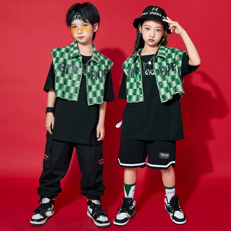 Kids Jazz Hip Hop Dance Clothing Boys Street Dance Costume Green Shirt Shorts Girls Performance K-pop Outfit Tracksuit SL6964