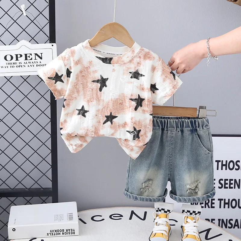 0-5 years old children's suit summer five-pointed star embroidered baby T-shirt short-sleeved jeans thin out two-piece suit