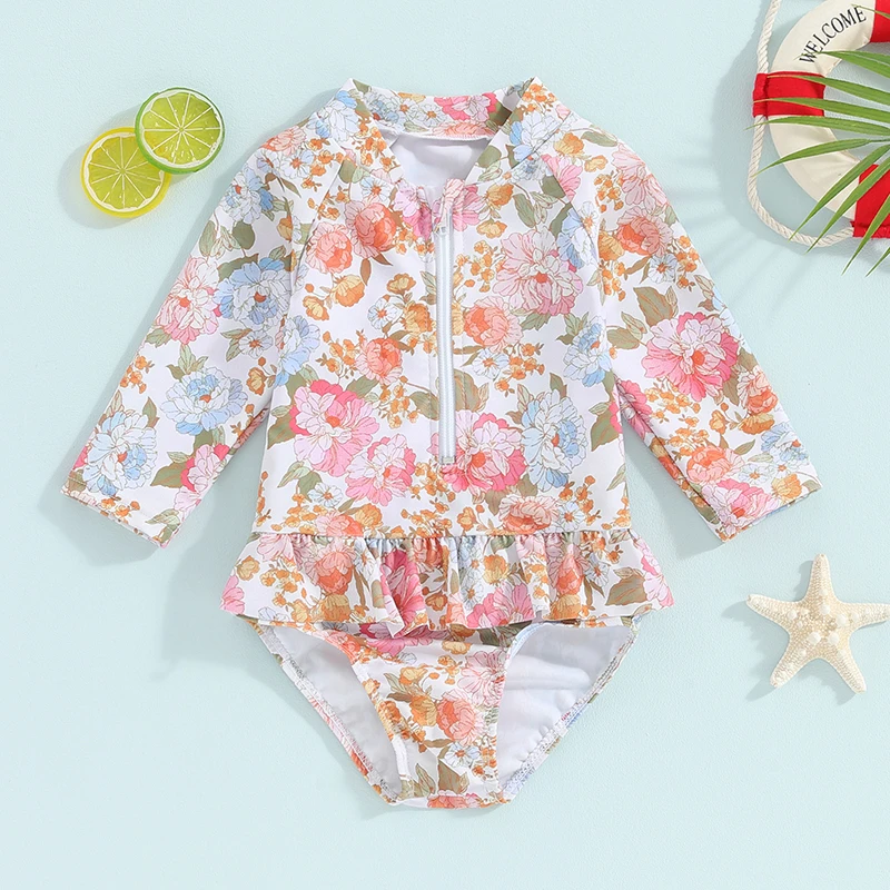 

Toddler Baby Girl Swimsuit Floral Long Sleeve Zipper Ruffle Bathing Suit Rash Guard UPF 50 Sun Protection Swimwear