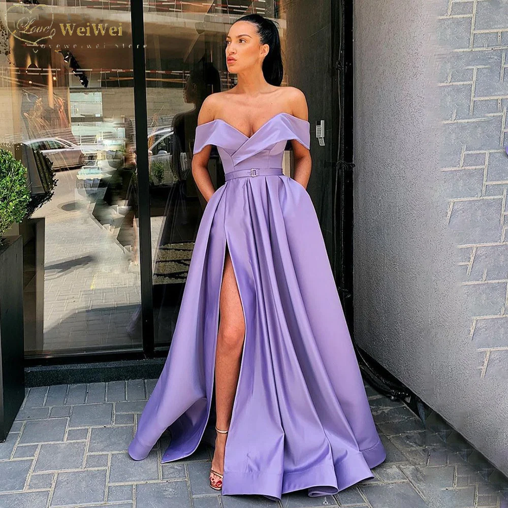 

Off Shoulder Satin Evening Dress Long Sexy Party Dresses Elegant High Waist Prom Dress High Slit Robe De Soiree فساتين السهرة