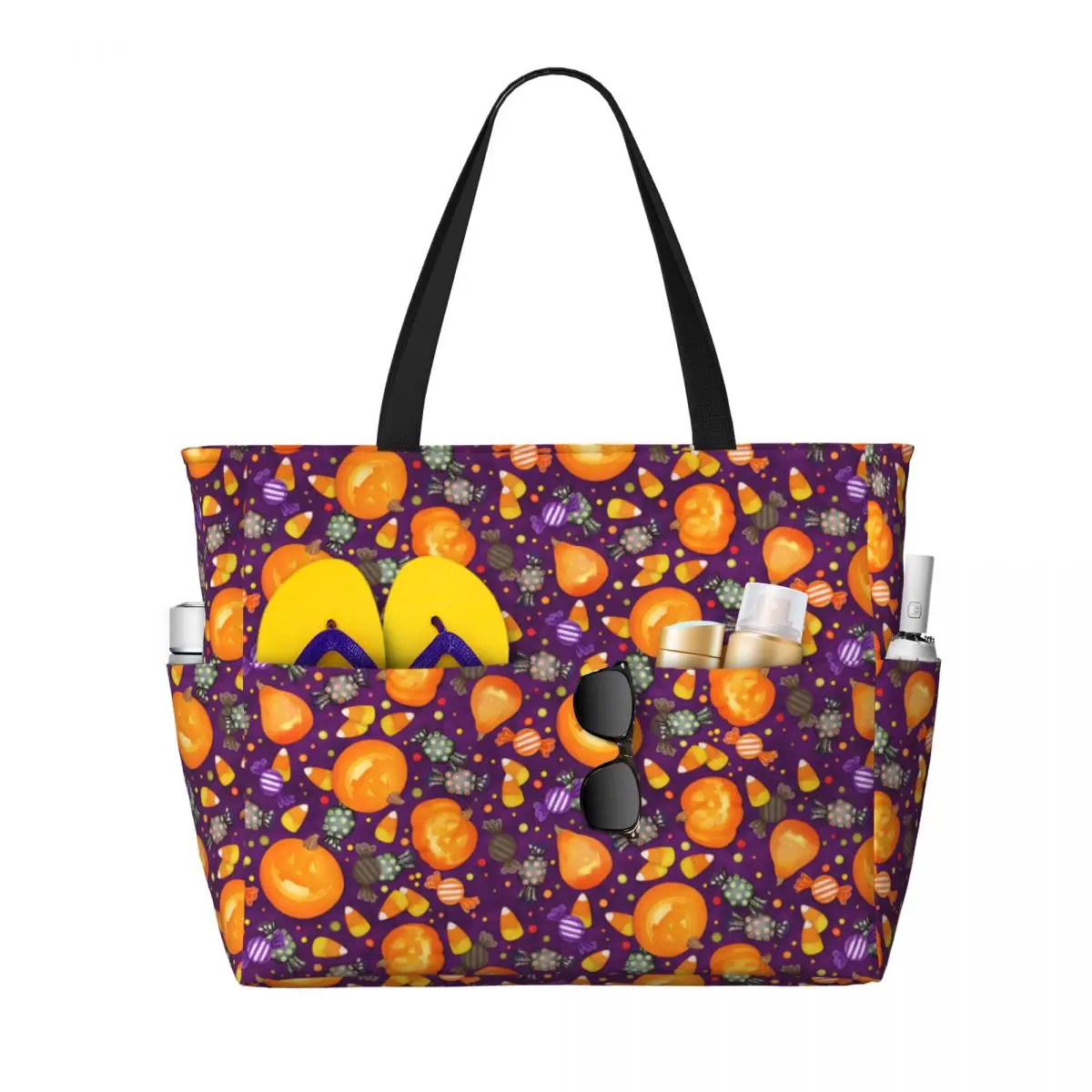 

Custom Halloween Candy Pumpkins Travel Tote Bag Women Large Capacity Groceries Shoulder Shopping Bags
