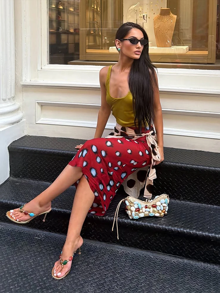 Zippers Polka Dot Women's Skirt Lace Up High Waist Straight Leopard Skirts 2026 Summer Holiday Lady All-matching Vintage Dress