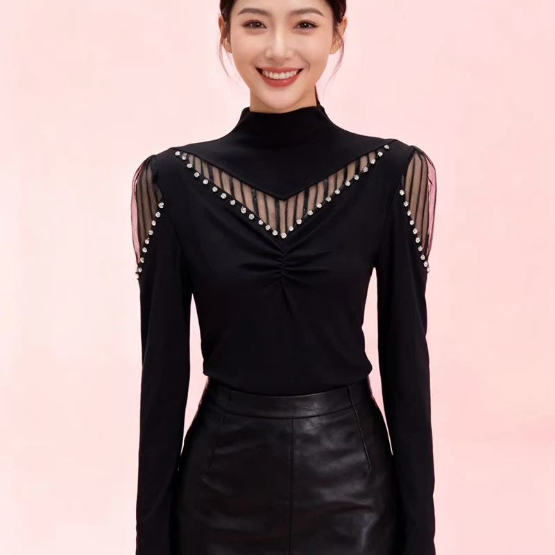 

New,European,Clothes,Thick,Warm,T-Shirt,Fashion,Sexy,Mock Neck,Patchwork,Mesh,Shiny,Diamonds,Women,Tops,Long Sleeve,Tees,511025