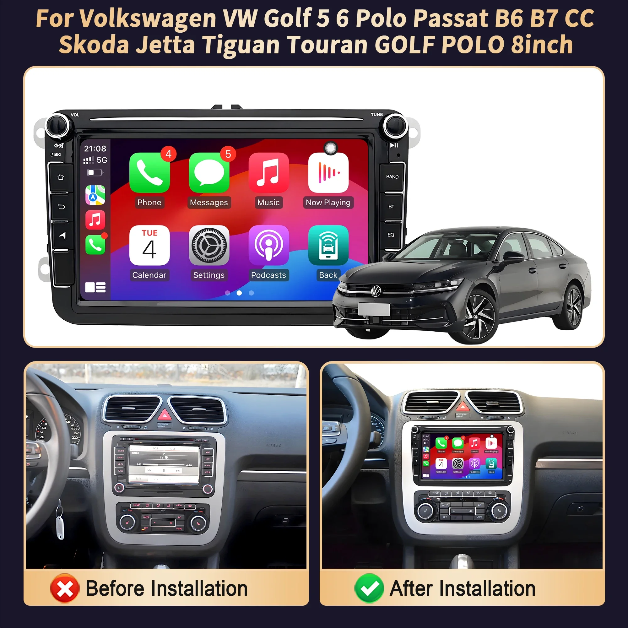8 inch Car Radio For Volkswagen VW Golf 5 6 Polo Passat B6 B7 CC Skoda Jetta Tiguan Touran GOLF POLO BT CarPlay Head Unit Screen