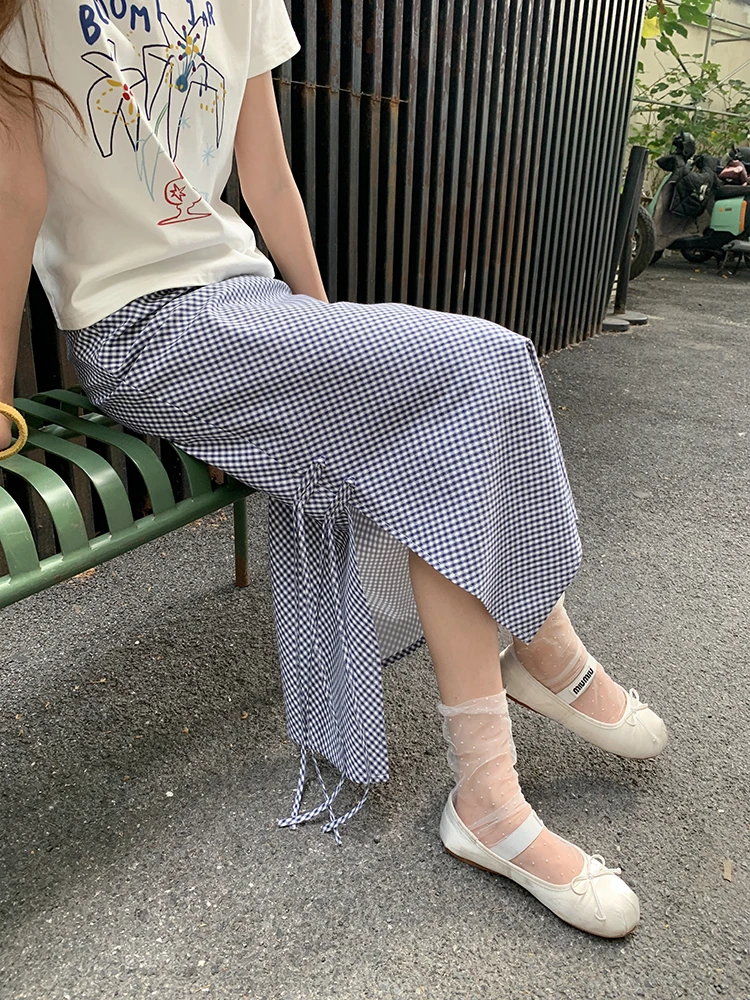 

Синяя клетчатая юбка миди с высокой талией и разрезом для женщин, летняя коллекция 2026, новая повседневная юбка H-образного силуэта с завышенной талией