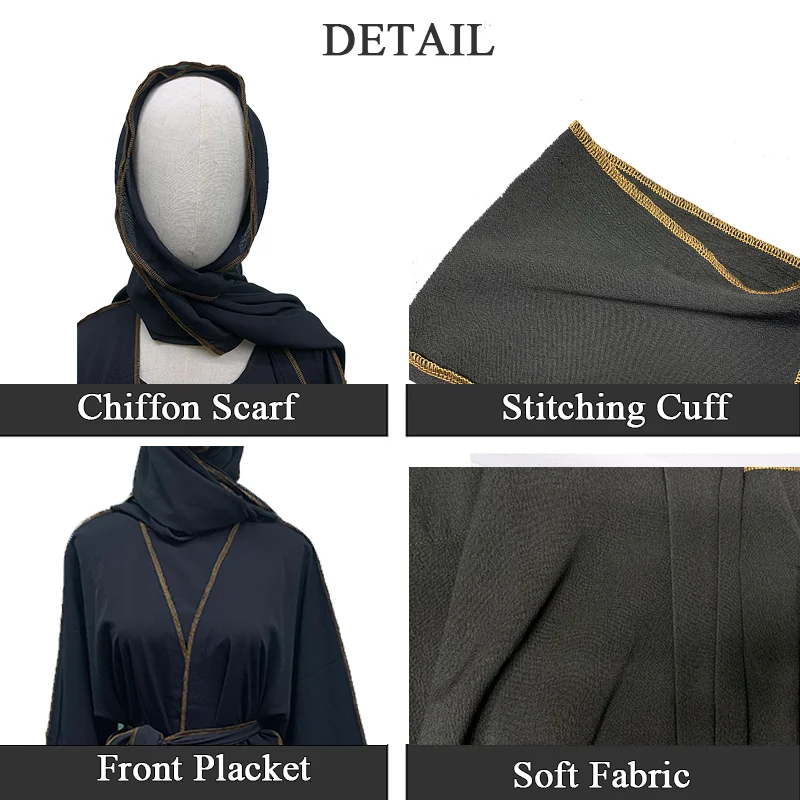 Women Abaya Cardigan Abayas Double Layers Kaftan Islamic Muslim Dubai 2024 Overlock Stitching Turkey Open Abaya Set 3 Piece
