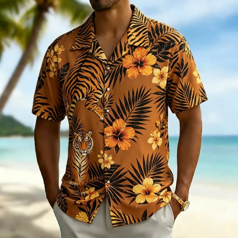 Men's tropical animal pattern spliced tropical leaf print Hawaiian shirt, for customer meetings, daily wear and vacation travel