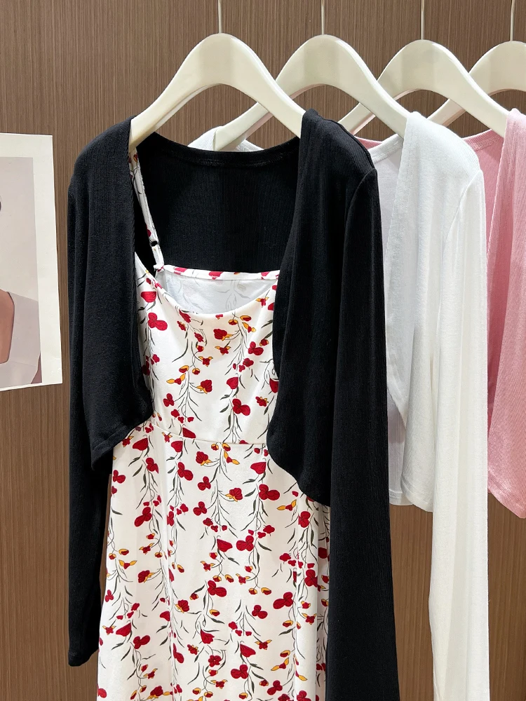 

Bla High-End Knitted Ice Silk Slim Fit Women's Cardigan Summer Sun Protection Long Skirt Outerwear Breathable Splice Design