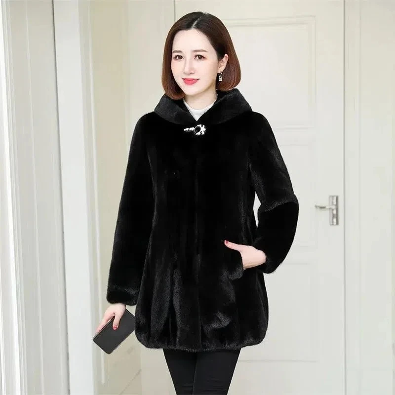 6XL 7XL Women Faux Mink Fur Jacket 2023 Autumn Winter New Female Hooded Long Sleeves Fur Overcoat Winter Mid-length Warm Coat