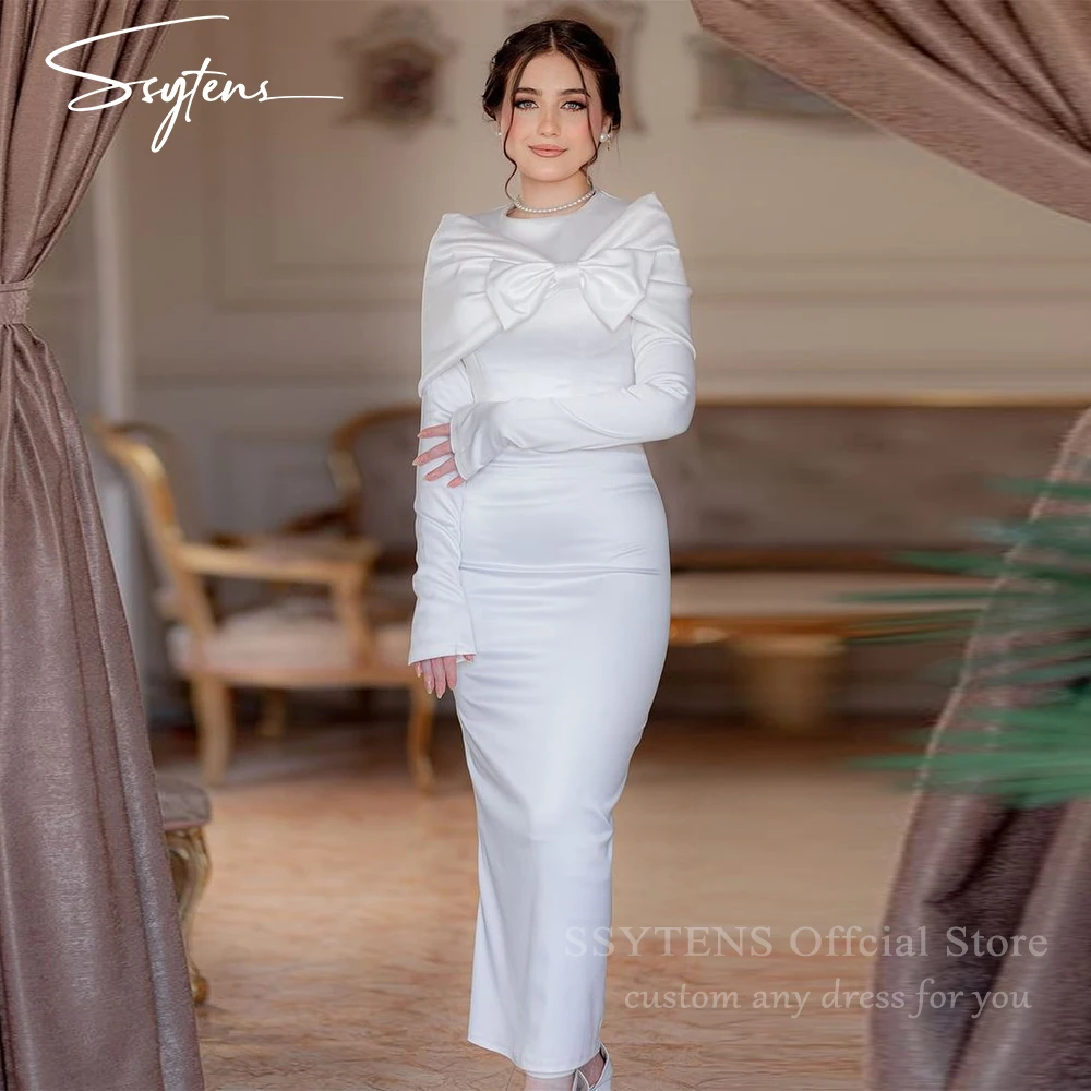 

SSYTENS Modest Simple Saudi Wedding Dresses Long Sleeves Dubai Bridal Gowns Ankle Length Bespoke Evening Party Dress for Bride