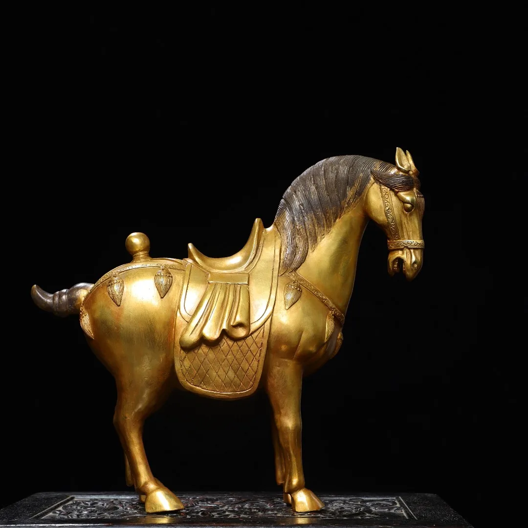 Old Bronze Gilded Cinnabar High Relief Tang Ma Statue Zodiac Horse immediate success upon arrival Worship Hall