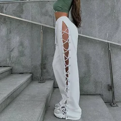 Summer 2023 street all-match slim-fit side slit straps hollow wide-leg pants Y2K women's clothing Vestidos