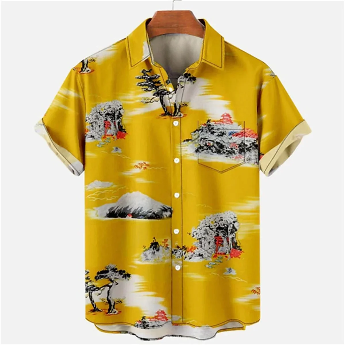 Summer men\'s coconut tree print collar shirt Hawaii casual vacation men\'s short sleeved button pocket high-quality shirt XS-5XL