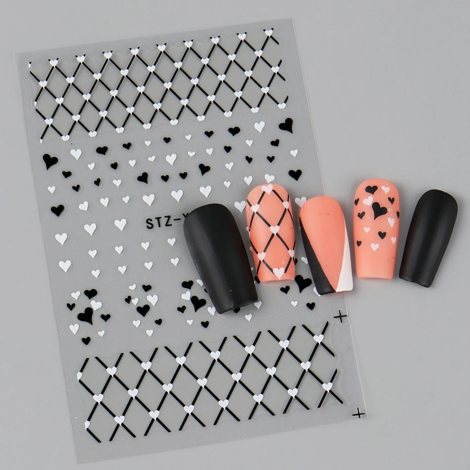 2/3개 블랙 화이트 러브 하트 네일 스티커 데칼 그리드 라인 프렌치 팁 발렌타인 네일 아트 데칼 슬라이더 포일 매니큐어 장식
