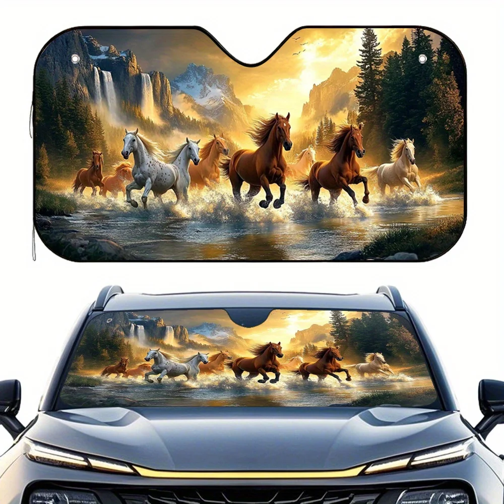 1pc 2D Flat Galloping Horse Design Car Sunshade – Stylish Foldable, Keeps Your Car Cool, Easy to Install with 4 Suction Cups
