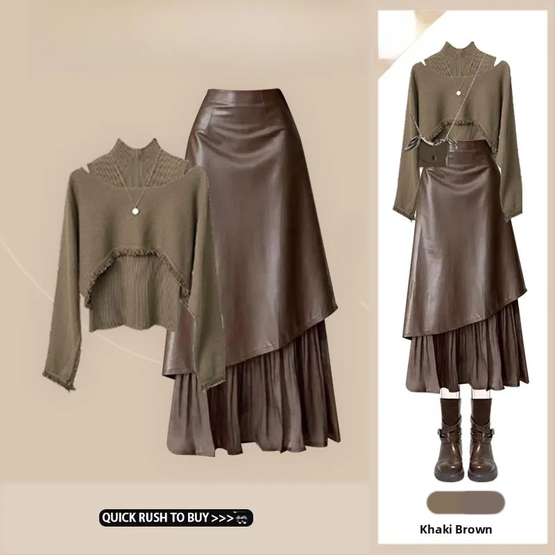 

Autumn Vintage Mermaid Retro Women's Design Top Vest High Waist Skirt Tee Piece Set Long Sve Universal Fit