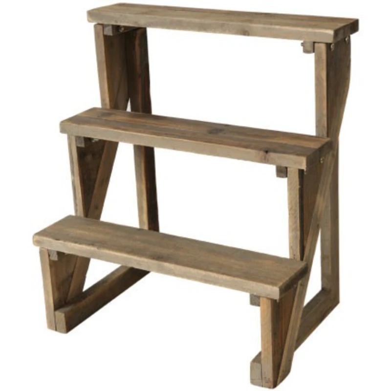 

Three-layer stepped small flower stand Solid wood retro old balcony Garden potted plant rack against the wall