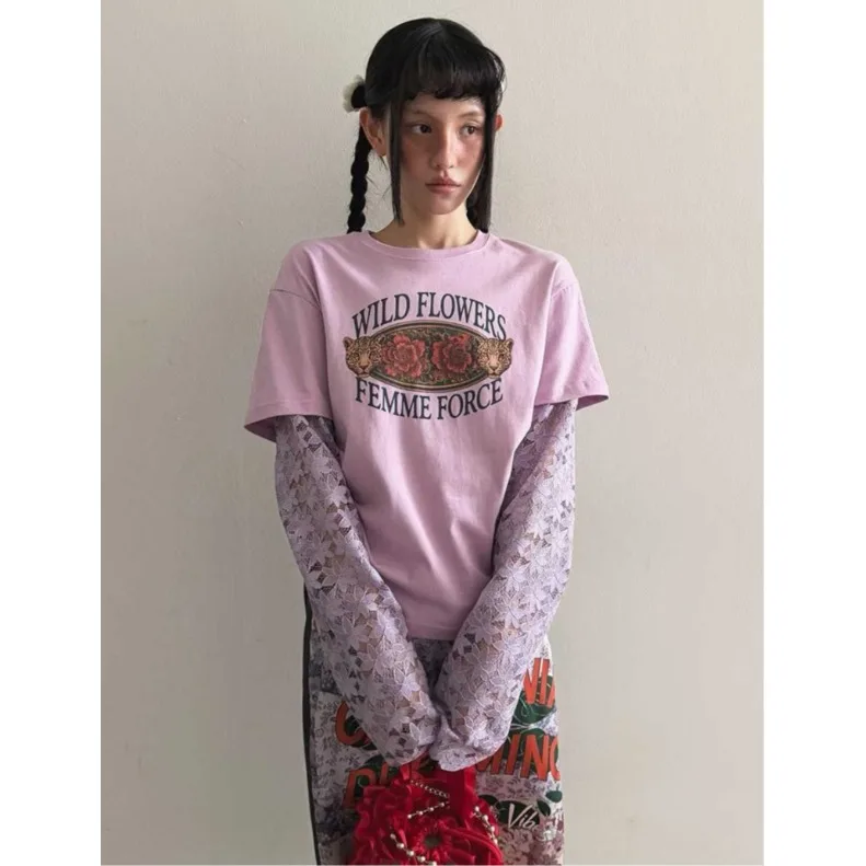 

Chic Rose Print Lace Splice Sve T-irt Women's Spring New Design Unique Fake Two-Piece Top Korean Sle Casual Wear