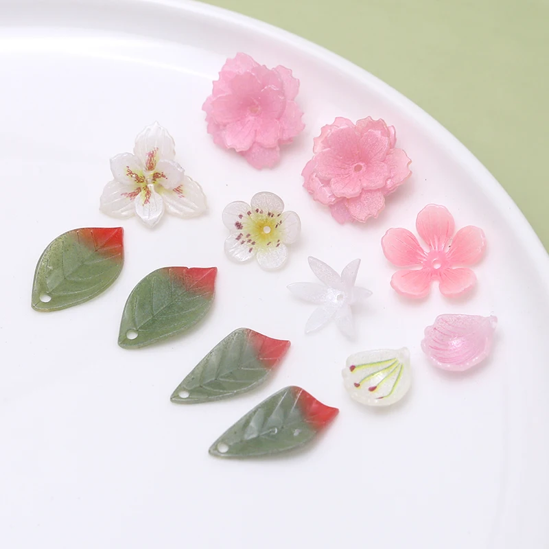 1pcs Peach Pear Flower Green Long Leaf  Heat Shrinkable Sheet Diy Handmade Earrings Jewelry Hairpin Accessories Material Charms