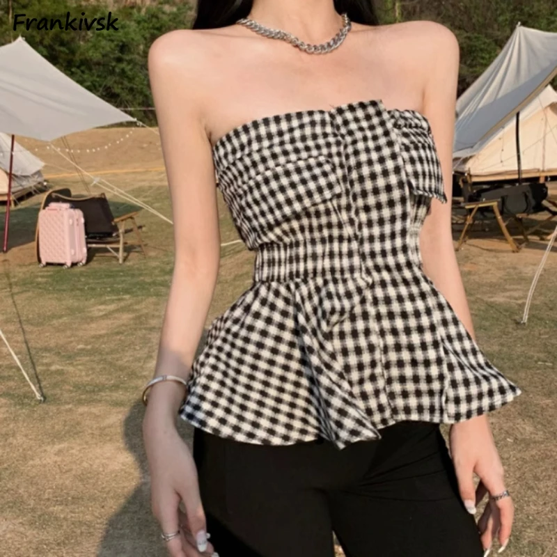 

Hotsweet майки в клетку с рюшами, пикантные девушки с разрезом на шее, тонкие летние уличные винтажные модные школьницы в японском стиле, укороченные