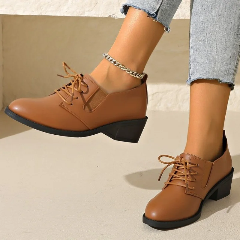 

The new spring 2025 fashion trend, versatile and durable front lace-up thick heel set of versatile small leather shoes
